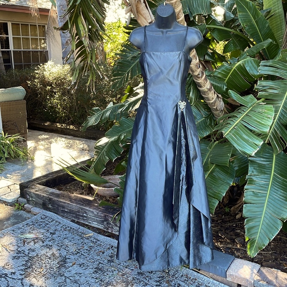 vintage Scott McClintock, silver pewter satin maxi dress with jewel bow